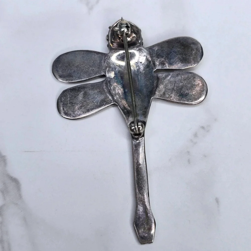 Vintage 925 Sterling Silver Dragonfly Brooch Pin Applied Dot Artisan Insect 7.1g